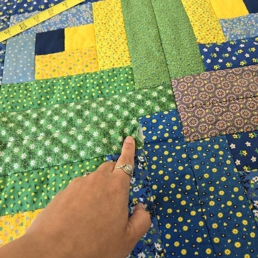 Handmade Patchwork Quilt Tumbling Blocks Blue Green Yellow Full Twin Lap Blanket